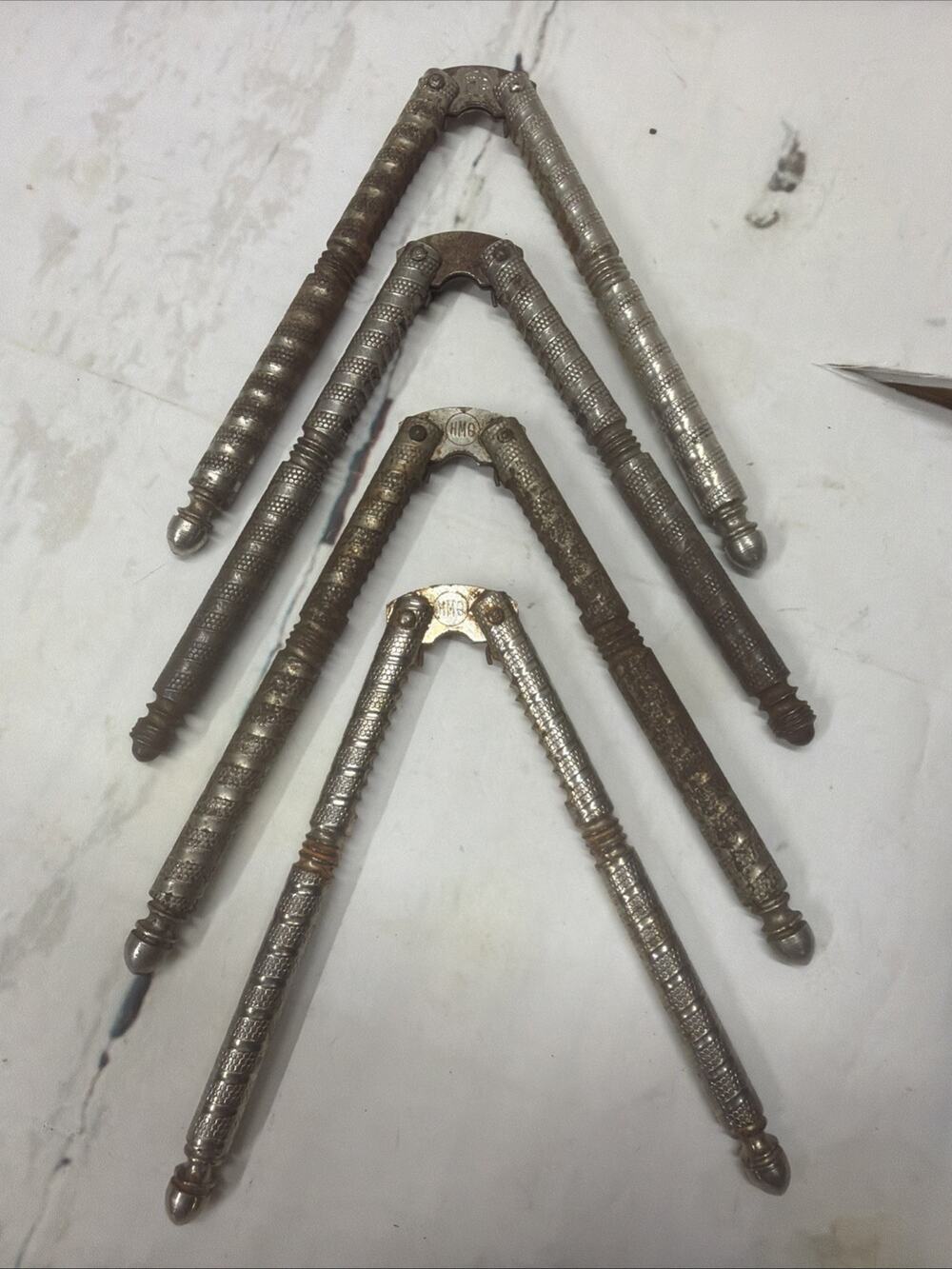 Vintage HMQ Silver Metal Textured Nut Cracker Handheld Lot Of 4